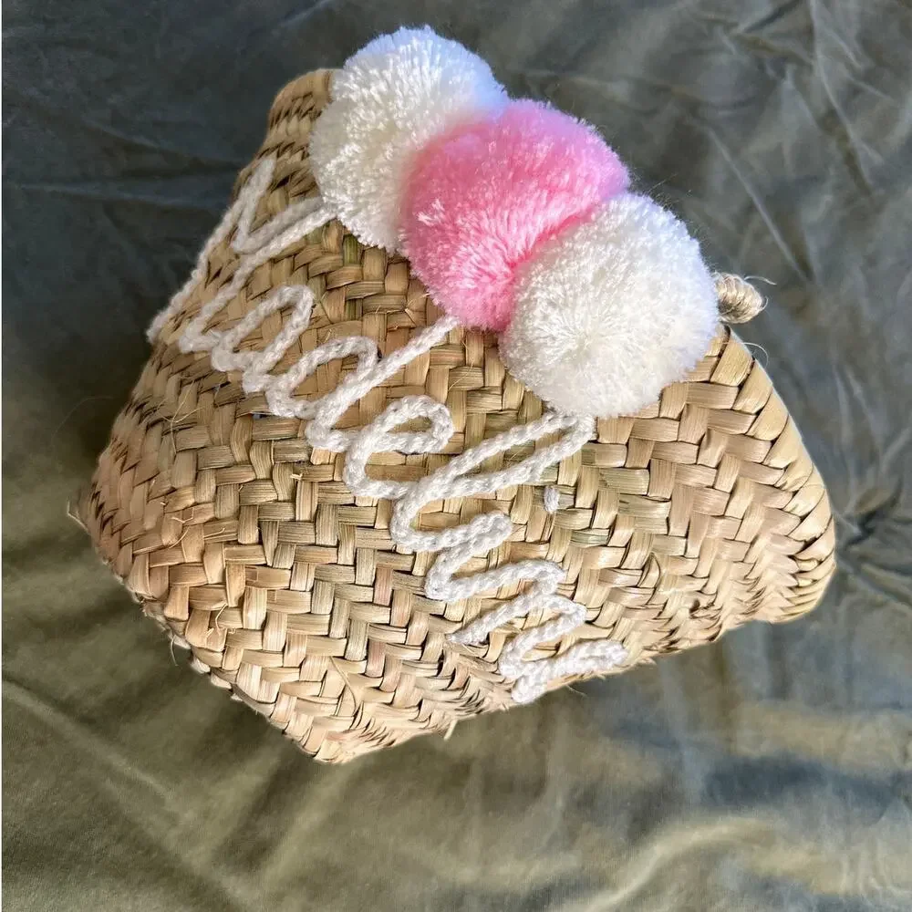 MADELINE Monogrammed Rattan Pom Pom Woven Basket